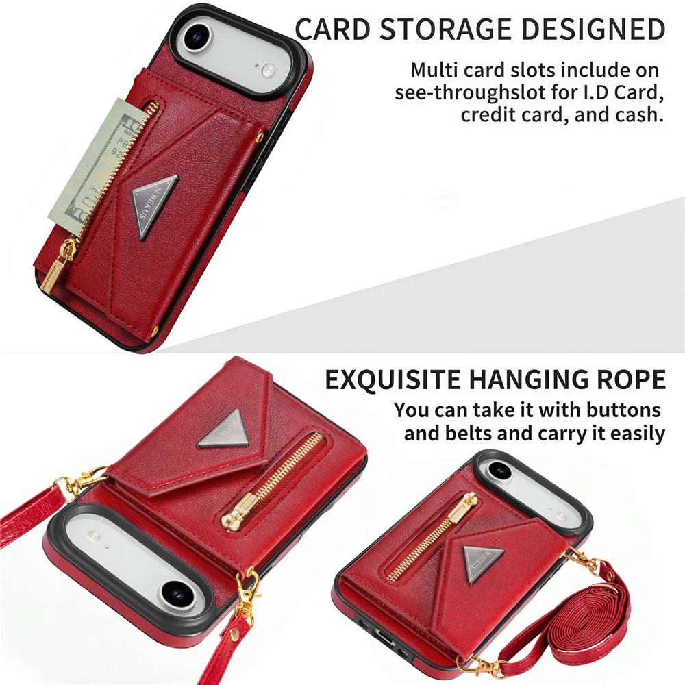 N.BEKUS For iPhone Air Leather Zipper Case Card Holder Phone Cover with Shoulder Strap - Red - 7