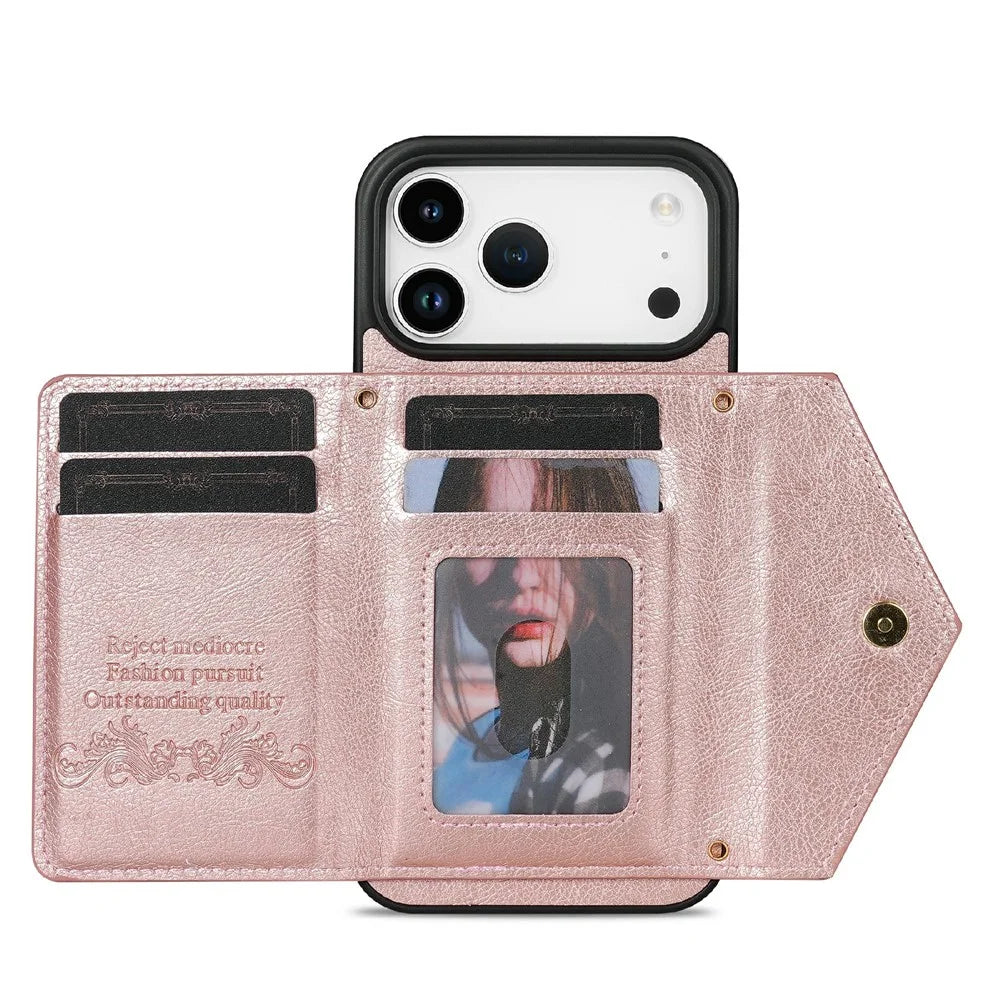 N.BEKUS For iPhone 18 Pro / 17 Pro Leather Zipper Case Card Holder Phone Cover with Shoulder Strap - Pink - 2