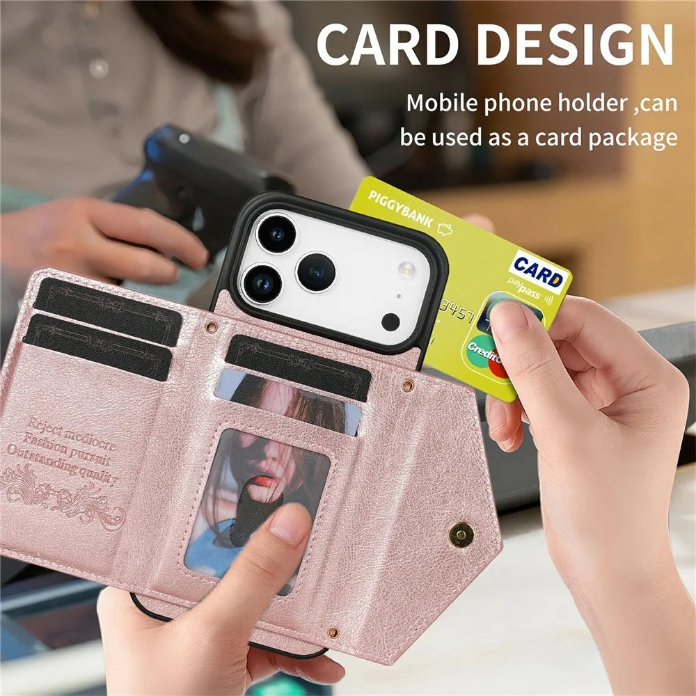 N.BEKUS For iPhone 18 Pro / 17 Pro Leather Zipper Case Card Holder Phone Cover with Shoulder Strap - Pink - 6