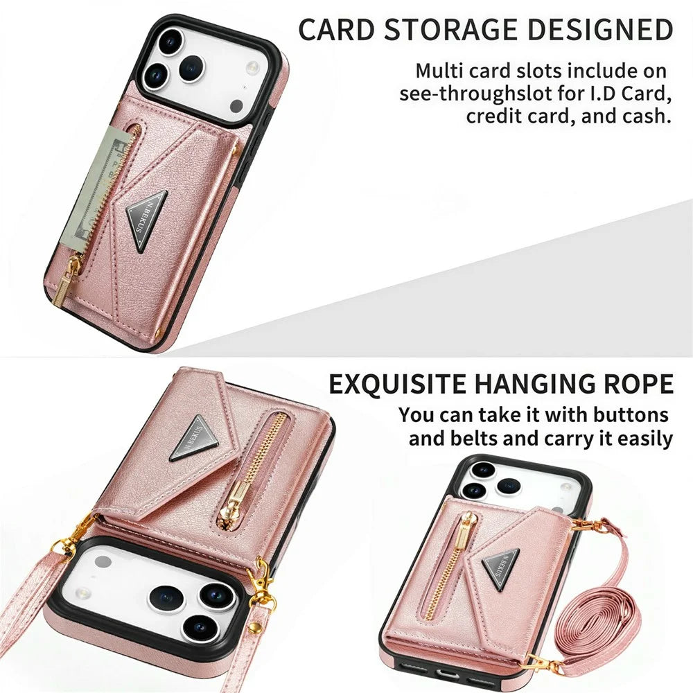 N.BEKUS For iPhone 18 Pro / 17 Pro Leather Zipper Case Card Holder Phone Cover with Shoulder Strap - Pink - 7