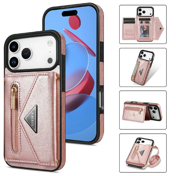 N.BEKUS For iPhone 18 Pro Max / 17 Pro Max Leather Zipper Case Card Holder Phone Cover with Shoulder Strap - Pink - 1