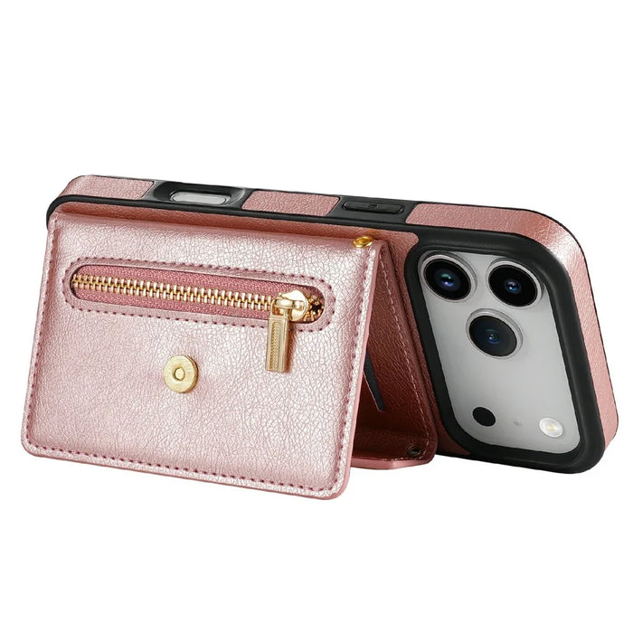 N.BEKUS For iPhone 18 Pro Max / 17 Pro Max Leather Zipper Case Card Holder Phone Cover with Shoulder Strap - Pink - 3