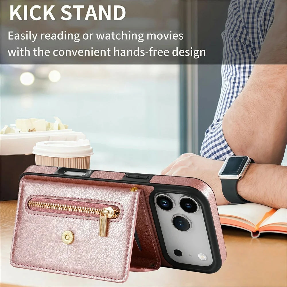 N.BEKUS For iPhone 18 Pro Max / 17 Pro Max Leather Zipper Case Card Holder Phone Cover with Shoulder Strap - Pink - 5