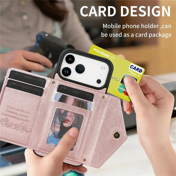 N.BEKUS For iPhone 18 Pro Max / 17 Pro Max Leather Zipper Case Card Holder Phone Cover with Shoulder Strap - Pink - 6