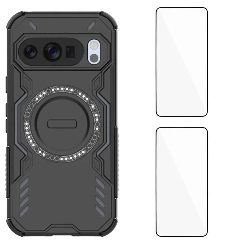 WANLONFENG For Google Pixel 10 Magnetic Case  DJ Series PC TPU Phone Cover with 2Pcs Tempered Glass Film - Black - 1
