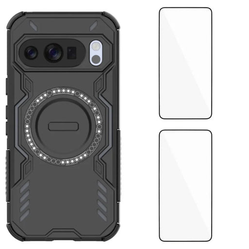 WANLONFENG For Google Pixel 10 Magnetic Case  DJ Series PC TPU Phone Cover with 2Pcs Tempered Glass Film - Black - 1