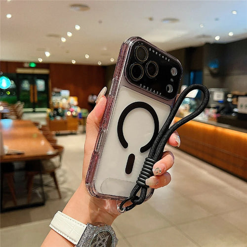 For iPhone 18 Pro / 17 Pro Magnetic Case Clear Colorful Frame TPU + PC Phone Back Cover with Lens Film  /  Strap - Black - 1