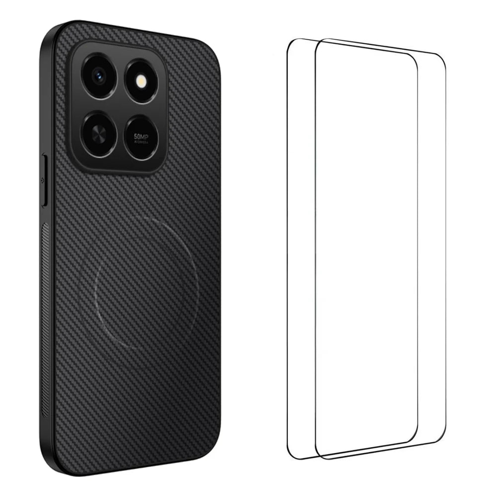 WANLONFENG For Honor 400 Smart 5G / 4G / X7d 4G Magnetic Case  TQ1 Series Carbon Fiber Texture PC TPU Phone Cover with 2Pcs Screen Films - Black - 1