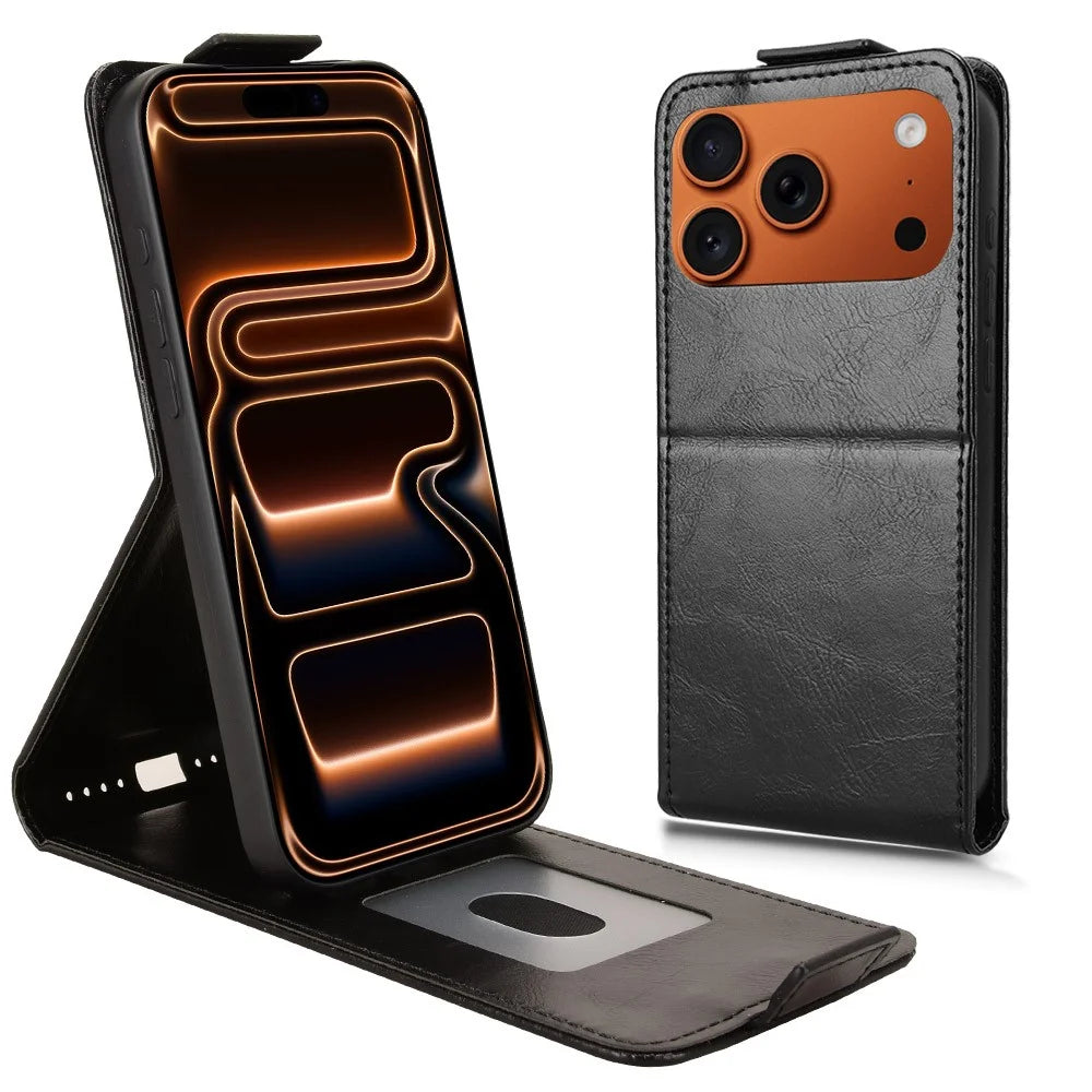 For iPhone 18 Pro Max / 17 Pro Max Stand Case Magnetic Clasp Vertical Flip Leather Phone Cover with Card Holder - Black - 1