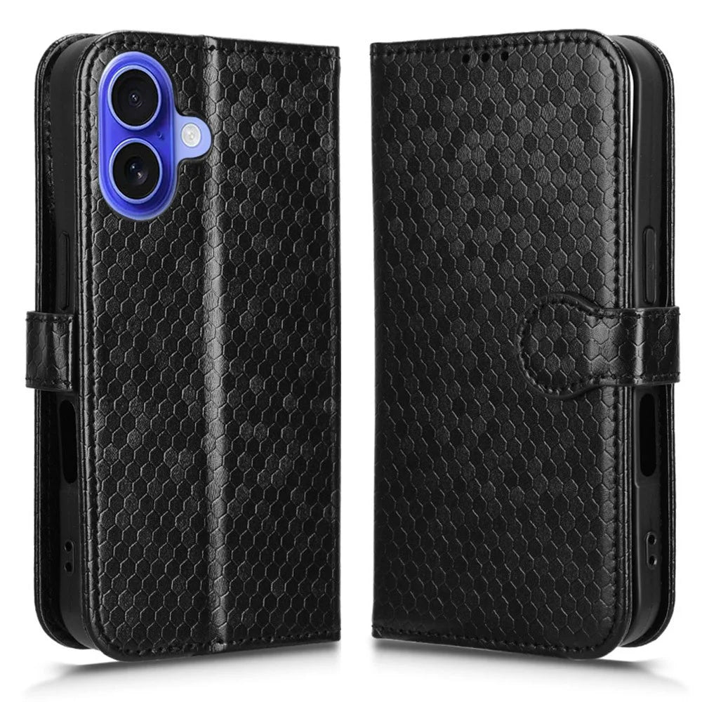 For iPhone 17 Wallet Case Dot Pattern Imprint PU Leather Phone Cover with Wrist Strap - Black - 1
