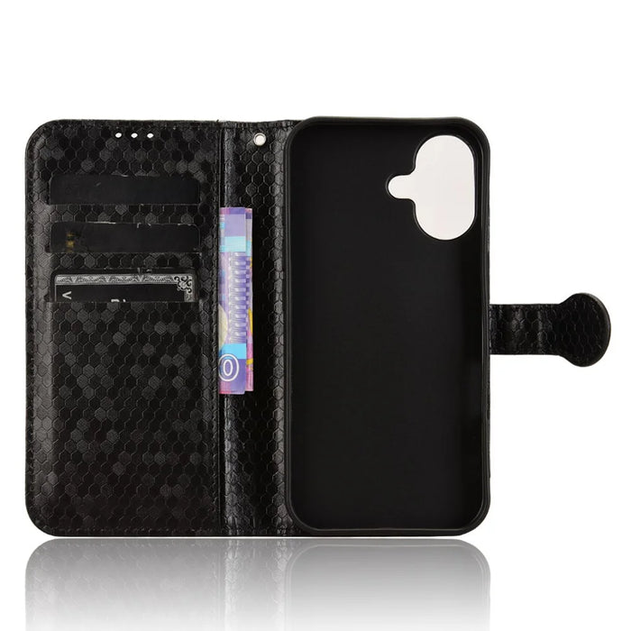 For iPhone 17 Wallet Case Dot Pattern Imprint PU Leather Phone Cover with Wrist Strap - Black - 2