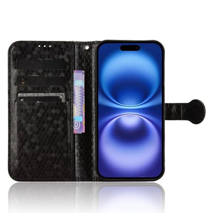 For iPhone 17 Wallet Case Dot Pattern Imprint PU Leather Phone Cover with Wrist Strap - Black - 3