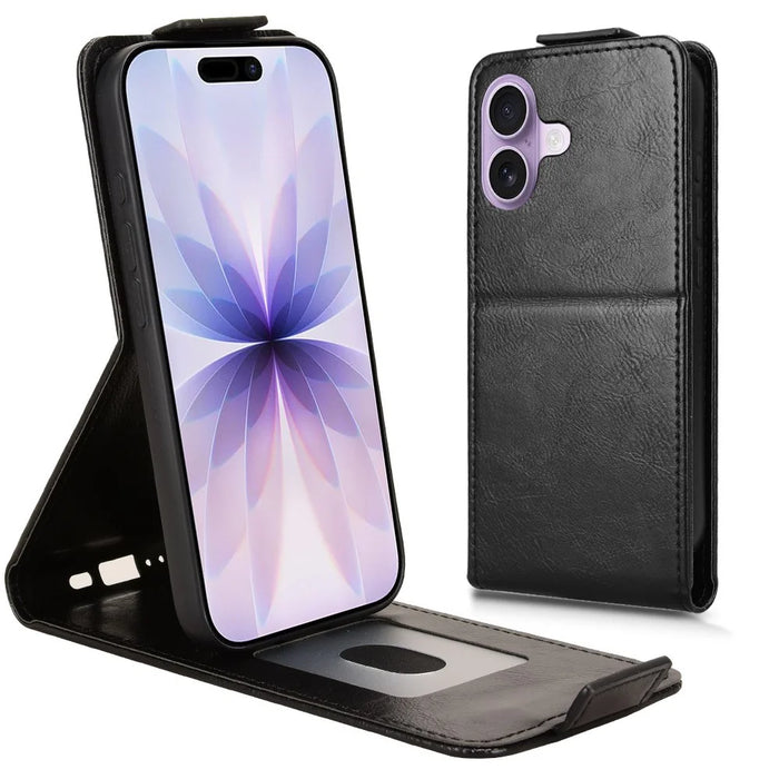 For iPhone 17 Stand Case Magnetic Clasp Vertical Flip Leather Phone Cover with Card Holder - Black - 1