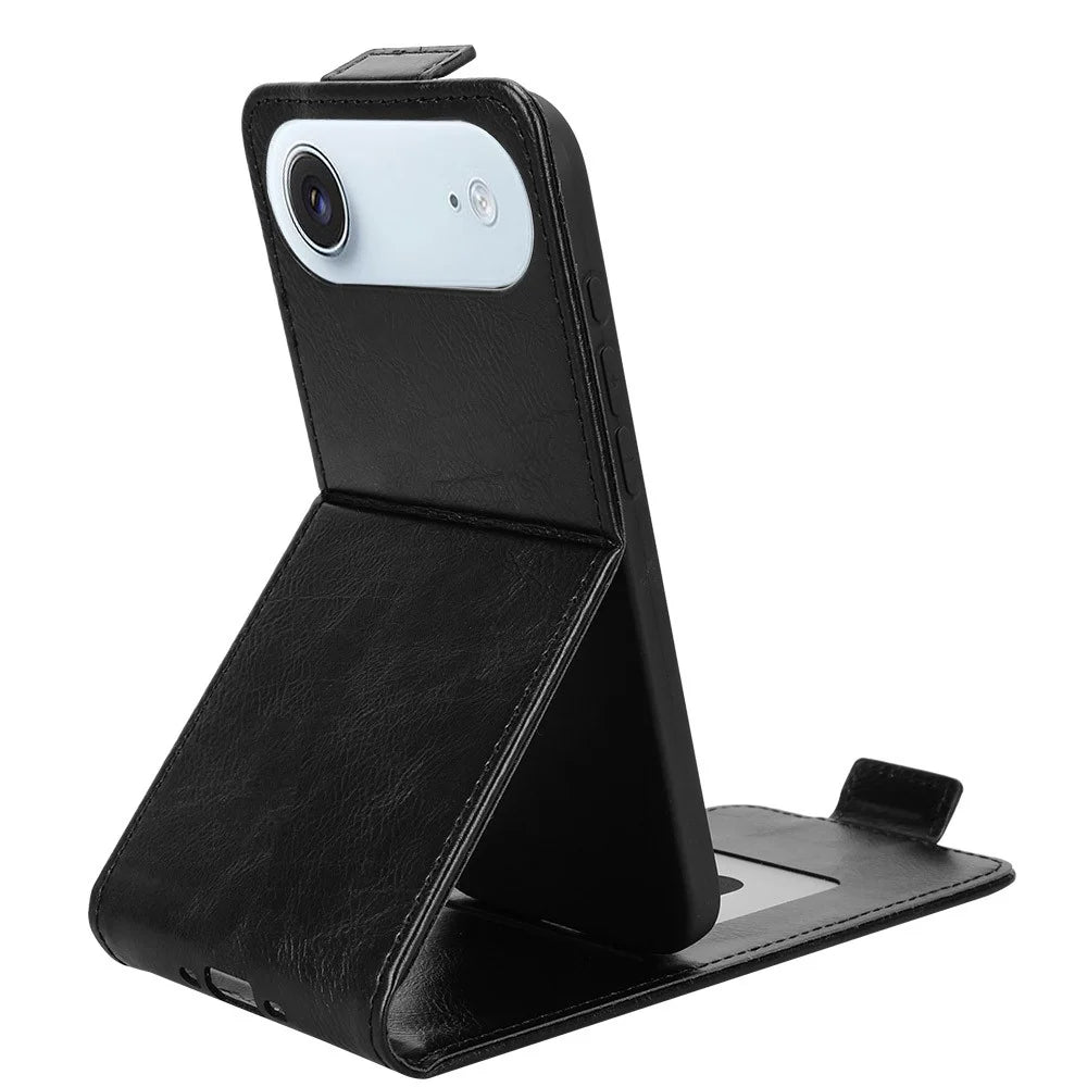For iPhone Air Stand Case Magnetic Clasp Vertical Flip Leather Phone Cover with Card Holder - Black - 3