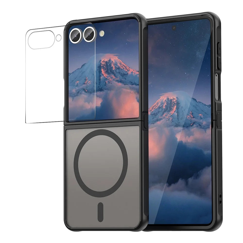 ENKAY HAT-PRINCE For Samsung Galaxy Z Flip7 5G Magnetic Case with 9H Tempered Glass PC TPU Matte Phone Cover - Black - 1