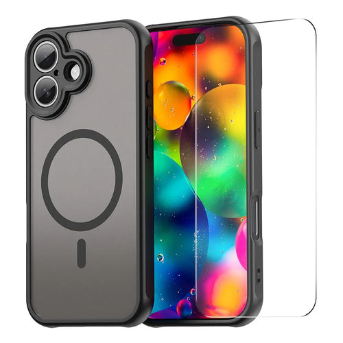 ENKAY HAT PRINCE For iPhone 16 Magnetic Case with 9H Tempered Glass PC TPU Matte Phone Cover - Black - 1