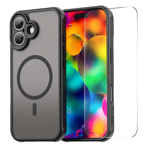 ENKAY HAT PRINCE For iPhone 16 Plus Magnetic Case with 9H Tempered Glass PC TPU Matte Phone Cover - Black - 1