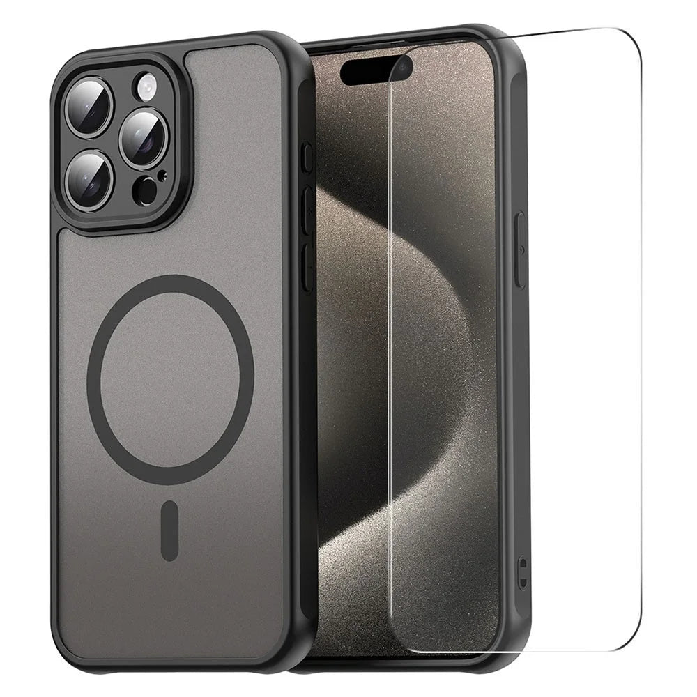 ENKAY HAT PRINCE For iPhone 16 Pro Magnetic Case with 9H Tempered Glass PC TPU Matte Phone Cover - Black - 1