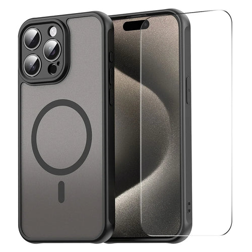 ENKAY HAT PRINCE For iPhone 16 Pro Magnetic Case with 9H Tempered Glass PC TPU Matte Phone Cover - Black - 1