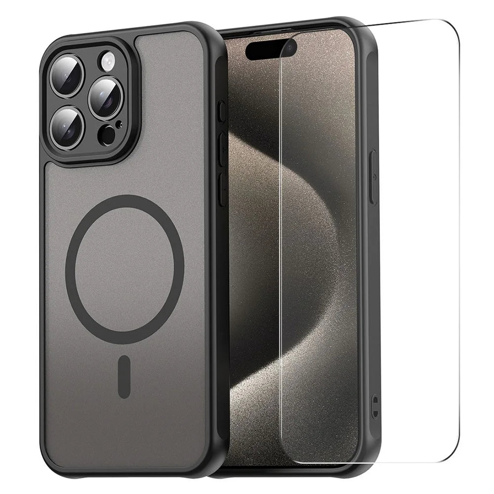 ENKAY HAT PRINCE For iPhone 16 Pro Max Magnetic Case with 9H Tempered Glass PC TPU Matte Phone Cover - Black - 1