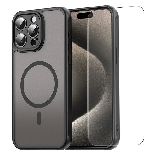 ENKAY HAT PRINCE For iPhone 16 Pro Max Magnetic Case with 9H Tempered Glass PC TPU Matte Phone Cover - Black - 1