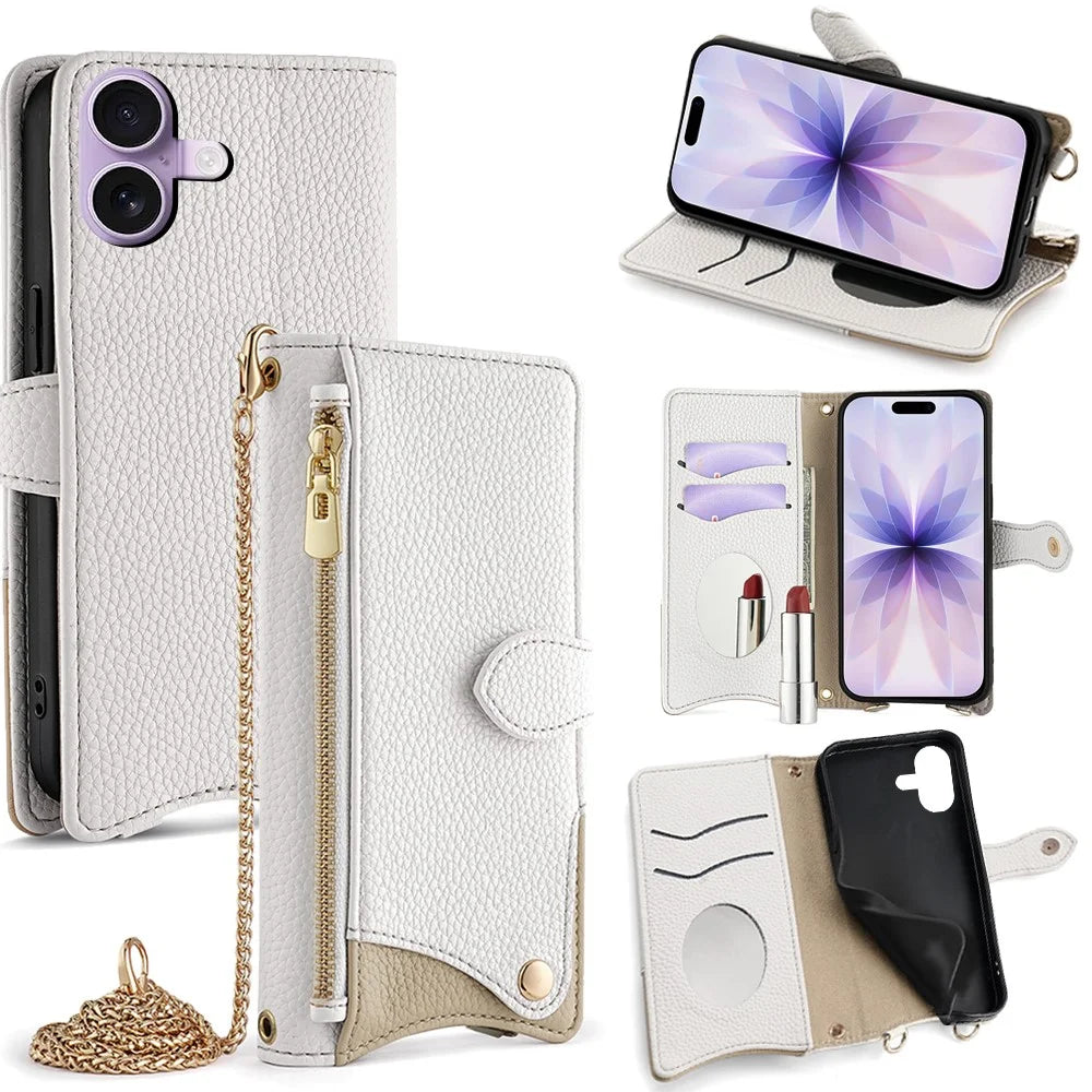 For iPhone 17 Leather Case Wallet Stand Cover Irregular Tail Style with Chain Strap - White - 1
