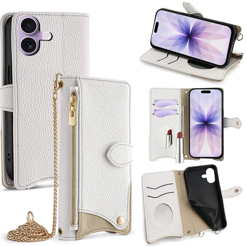 For iPhone 17 Leather Case Wallet Stand Cover Irregular Tail Style with Chain Strap - White - 1