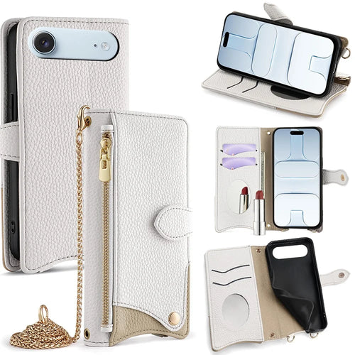 For iPhone Air Leather Case Wallet Stand Cover Irregular Tail Style with Chain Strap - White - 1