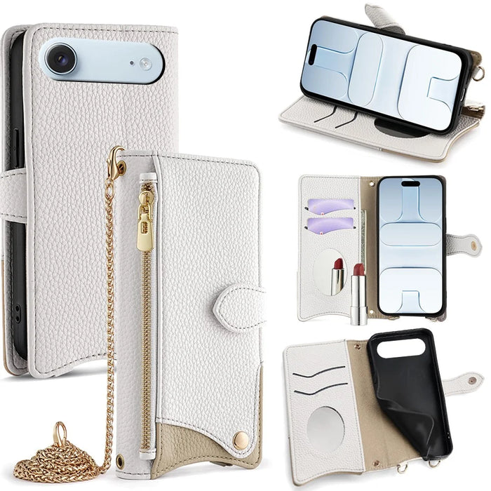 For iPhone Air Leather Case Wallet Stand Cover Irregular Tail Style with Chain Strap - White - 1