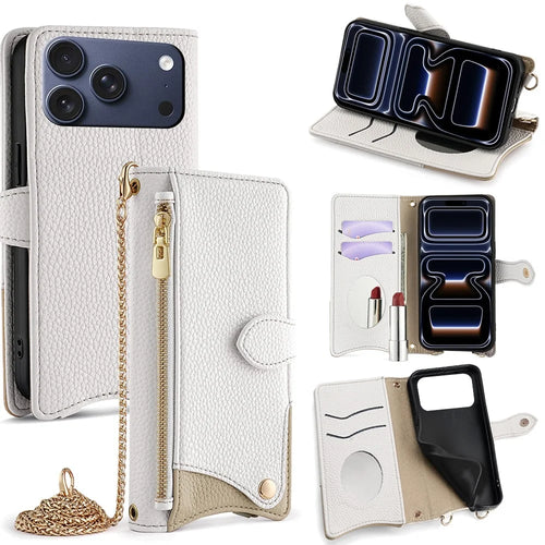 For iPhone 17 Pro Leather Case Wallet Stand Cover Irregular Tail Style with Chain Strap - White - 1