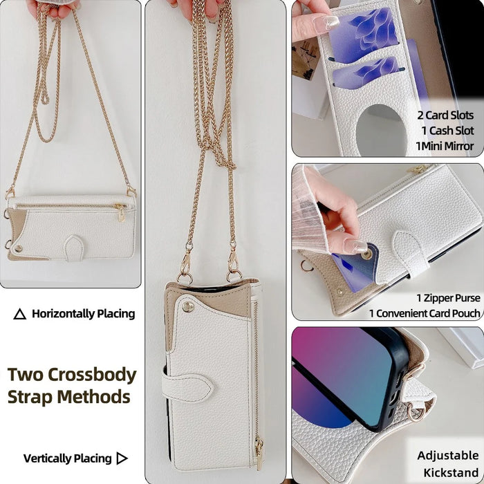 For iPhone 17 Pro Leather Case Wallet Stand Cover Irregular Tail Style with Chain Strap - White - 4