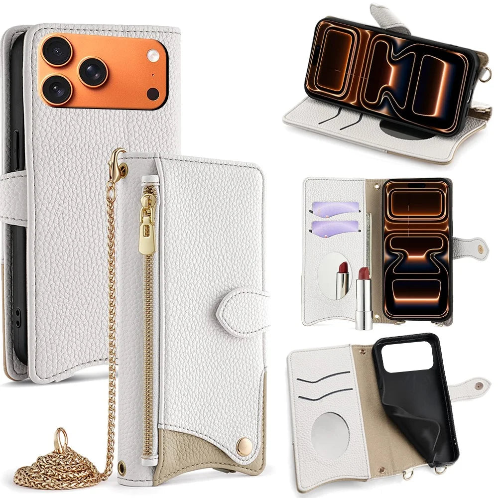 For iPhone 17 Pro Max Leather Case Wallet Stand Cover Irregular Tail Style with Chain Strap - White - 1