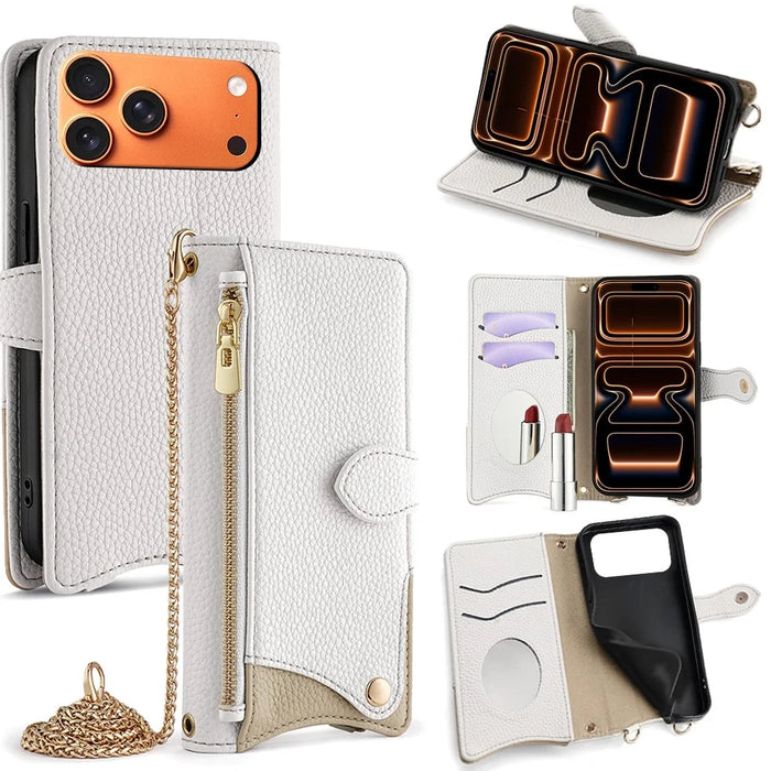 For iPhone 17 Pro Max Leather Case Wallet Stand Cover Irregular Tail Style with Chain Strap - White - 1