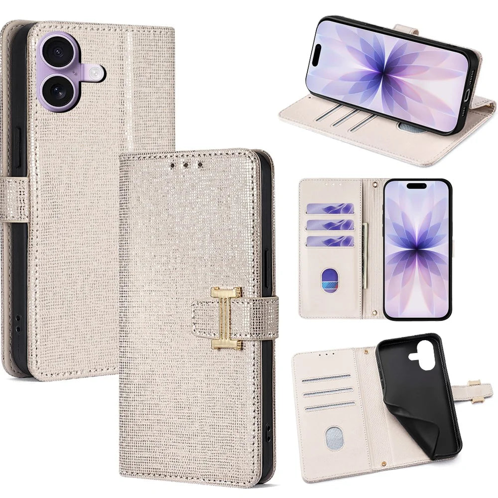 For iPhone 17 Case Metal I-Buckle PU Leather Wallet Phone Cover - White - 1