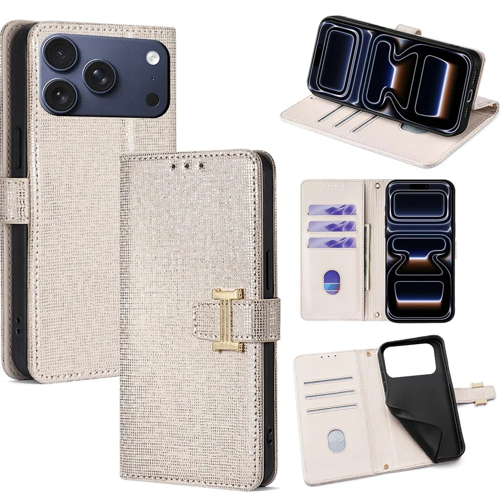 For iPhone 17 Pro Case Metal I-Buckle PU Leather Wallet Phone Cover - White - 1