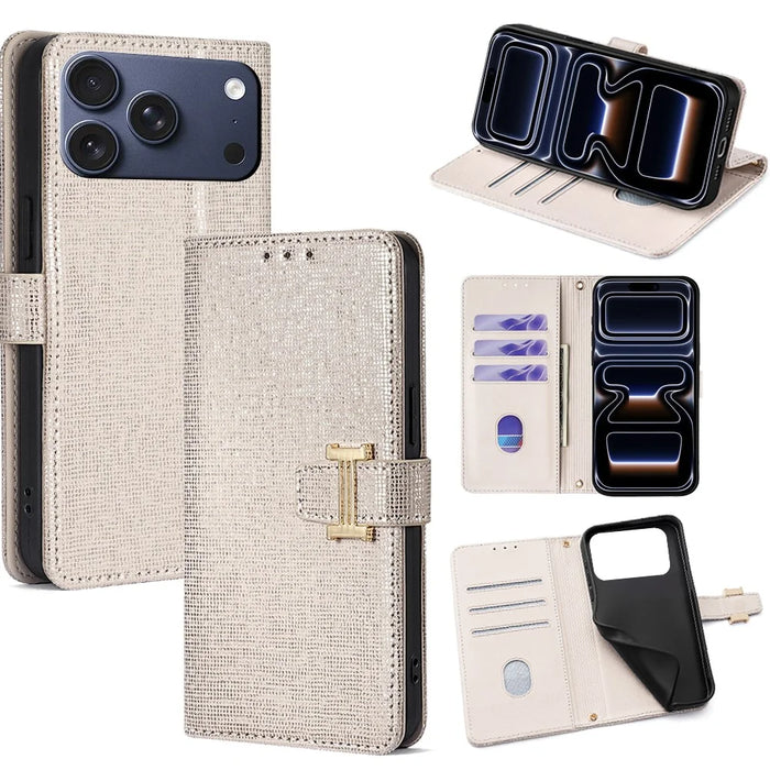 For iPhone 17 Pro Case Metal I-Buckle PU Leather Wallet Phone Cover - White - 1
