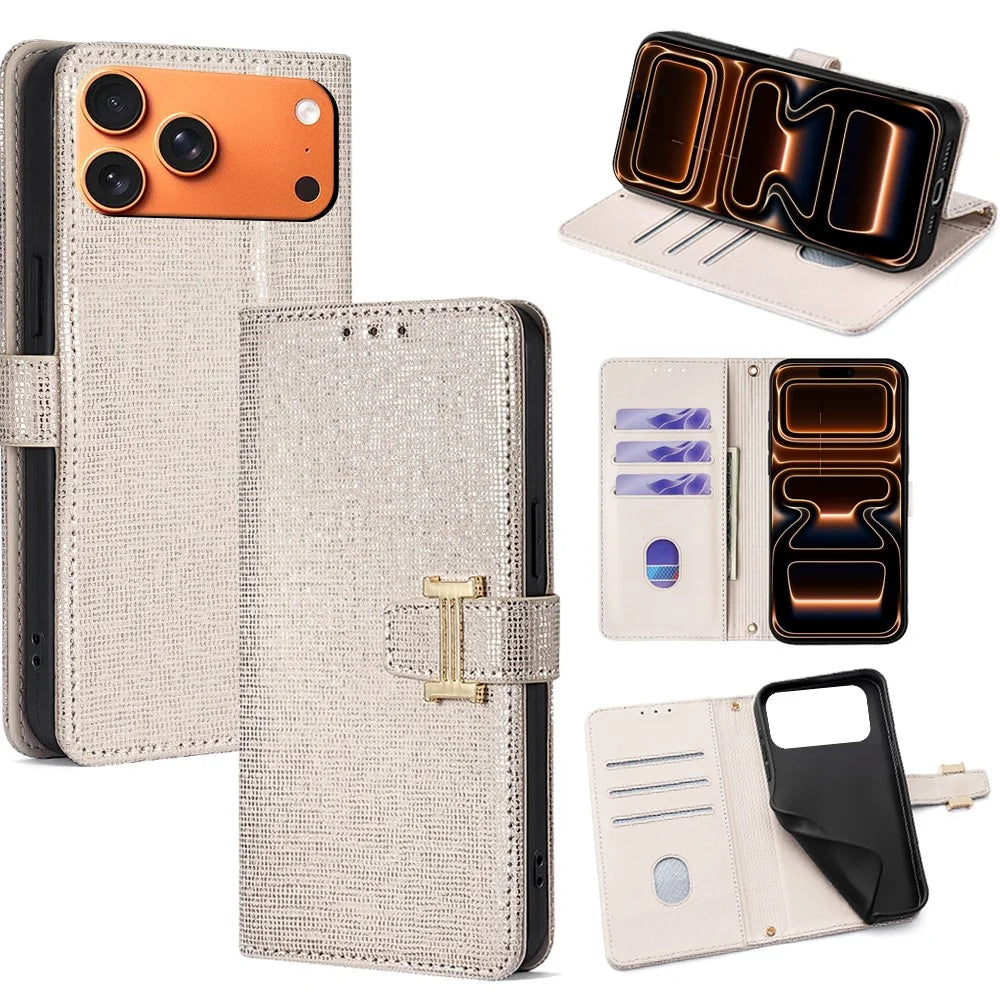 For iPhone 17 Pro Max Case Metal I-Buckle PU Leather Wallet Phone Cover - White - 1
