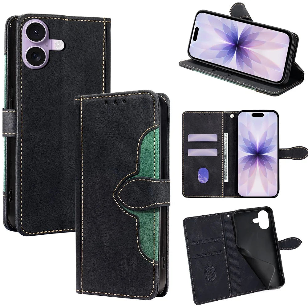 For iPhone 17 Case Leather Wallet Phone Cover with Straw Hat Magnetic Clasp - Black - 1