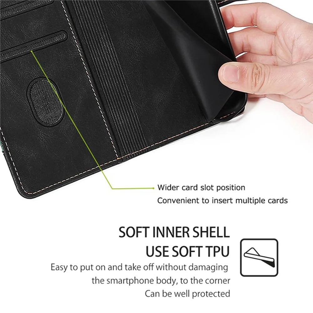 For iPhone 17 Case Leather Wallet Phone Cover with Straw Hat Magnetic Clasp - Black - 6