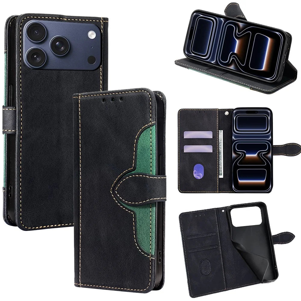 For iPhone 17 Pro Case Leather Wallet Phone Cover with Straw Hat Magnetic Clasp - Black - 1