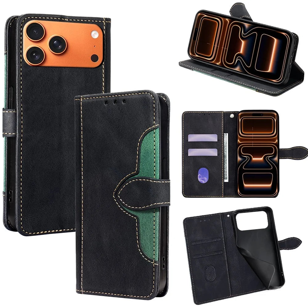 For iPhone 17 Pro Max Case Leather Wallet Phone Cover with Straw Hat Magnetic Clasp - Black - 1
