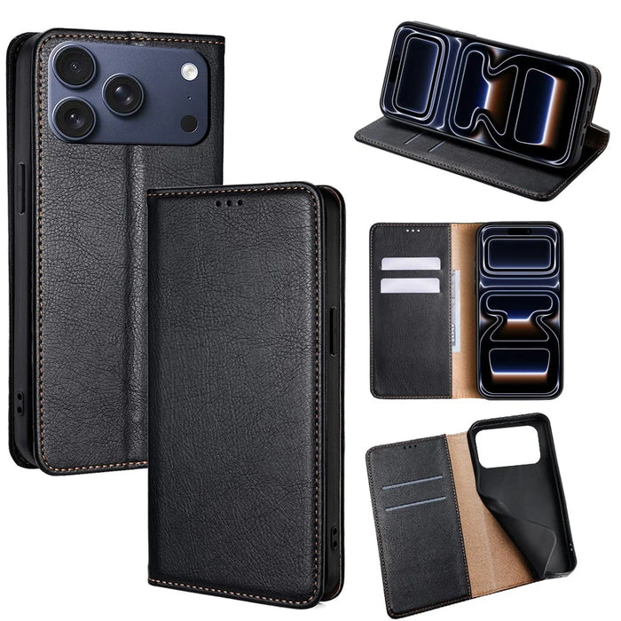 For iPhone 17 Pro Case Wallet PU Leather Magnetic Auto-Absorbed Phone Cover - Black - 1