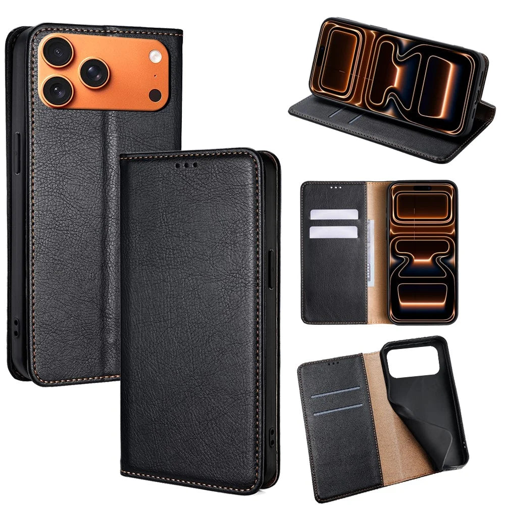 For iPhone 17 Pro Max Case Wallet PU Leather Magnetic Auto-Absorbed Phone Cover - Black - 1