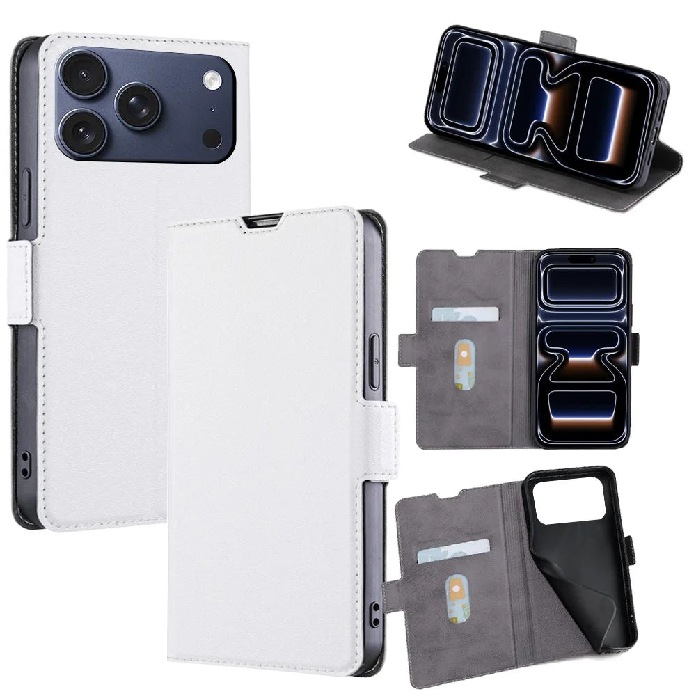 For iPhone 17 Pro Case Card Holder PU Leather Phone Cover - White - 1