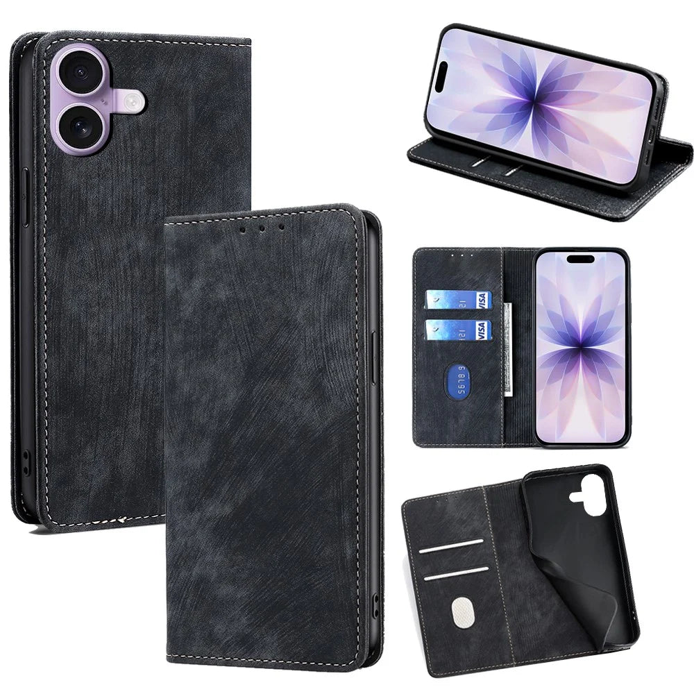 For iPhone 17 Case RFID Blocking Wallet Foldable Stand Leather Phone Cover - Black - 1