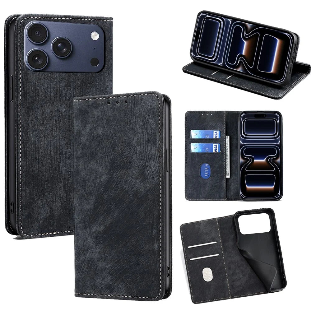 For iPhone 17 Pro Case RFID Blocking Wallet Foldable Stand Leather Phone Cover - Black - 1