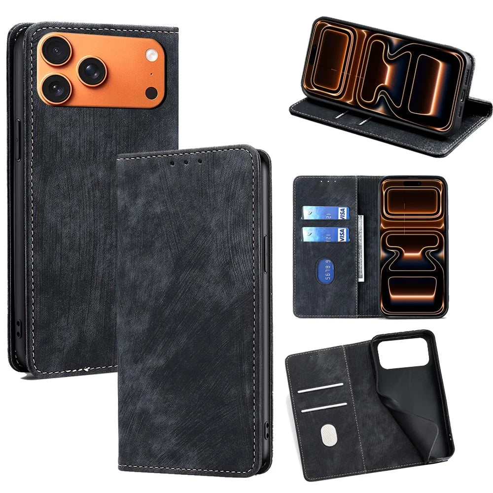 For iPhone 17 Pro Max Case RFID Blocking Wallet Foldable Stand Leather Phone Cover - Black - 1