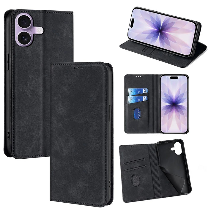 For iPhone 17 Case Card Holder PU Leather Magnetic Closing Phone Cover - Black - 1