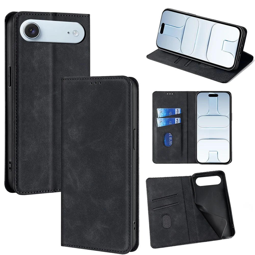 For iPhone Air Case Card Holder PU Leather Magnetic Closing Phone Cover - Black - 1
