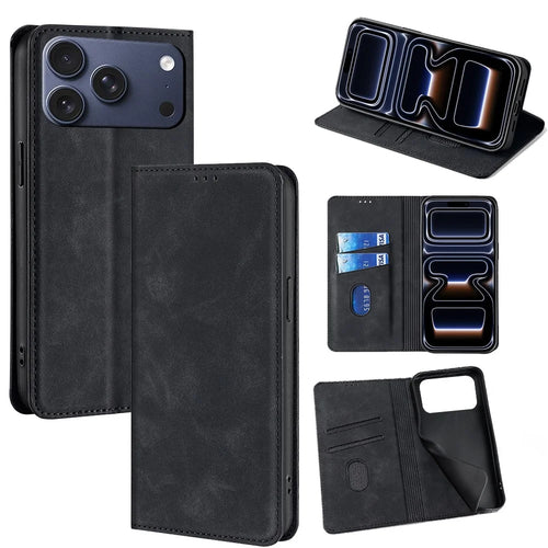 For iPhone 17 Pro Case Card Holder PU Leather Magnetic Closing Phone Cover - Black - 1